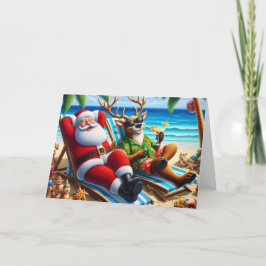 Tomte och renar på strand varmt klimat helgkort