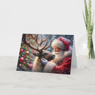 Tomte och renar, snöig skog, julgran 1 helgkort