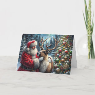 Tomte och renar, snöig skog, julgran 2 helgkort
