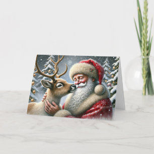 Tomte och renar, snöig skog, julgran 3 helgkort