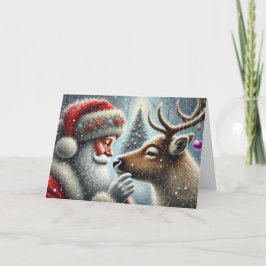 Tomte och renar, snöig skog, julgran 4 helgkort