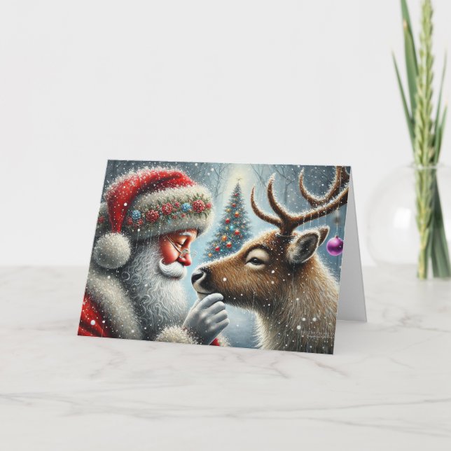 Tomte och renar, snöig skog, julgran 4 helgkort (Framsida)