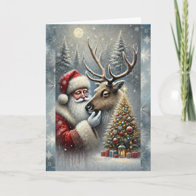 Tomte och renar, snöig skog, julgran 5 helgkort (Framsida)