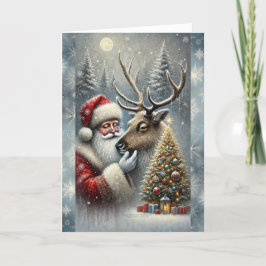 Tomte och renar, snöig skog, julgran 5 helgkort