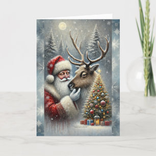 Tomte och renar, snöig skog, julgran 5 helgkort