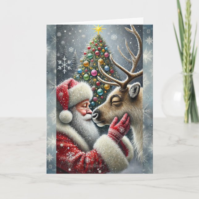 Tomte och renar, snöig skog, julgran 6 helgkort (Framsida)