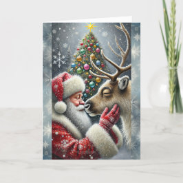 Tomte och renar, snöig skog, julgran 6 helgkort