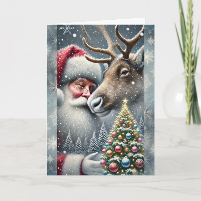 Tomte och renar, snöig skog, julgran 7 helgkort (Framsida)