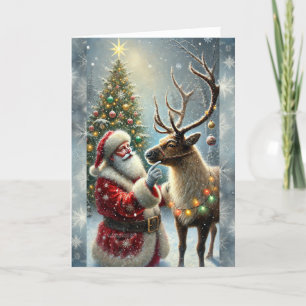 Tomte och renar, snöig skog, julgran 8 helgkort