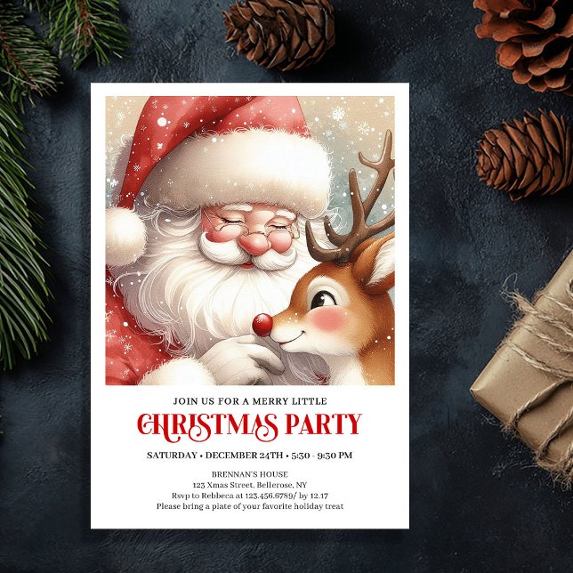 Tomte och Rudolf Barn Julfest Inbjudan (Santa and Rudolph Kids Holiday Party Invitation)