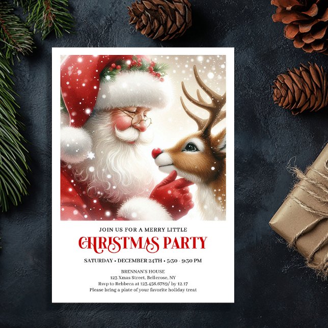 Tomte och Rudolf söta högtidsinbjudningar Inbjudningar (Santa and Rudolph Cute Holiday Gathering Invitation)