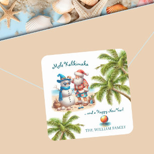 Tomte och snömannen Mele Kalikimaka jul Fyrkantigt Klistermärke