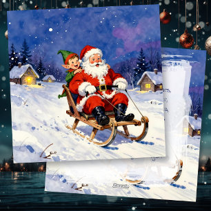 Tomte och tomtenisse slädfar på julafton julkort