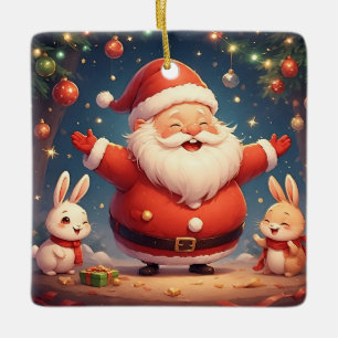 Tomte och två glada kaniner julgransprydnad keramik