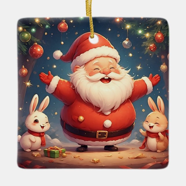 Tomte och två glada kaniner julgransprydnad keramik (Framsida)