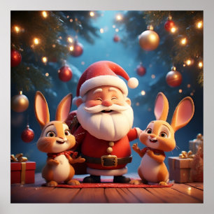 Tomte och två glada kaniner poster
