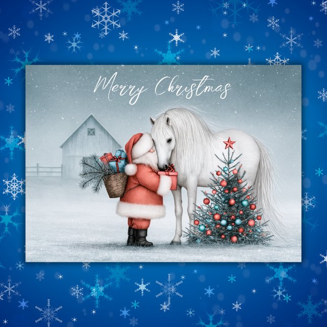 Tomte och vit häst Magisk vinter jul Helgkort (Santa and White Horse Magical Winter Christmas Holiday Card Front)