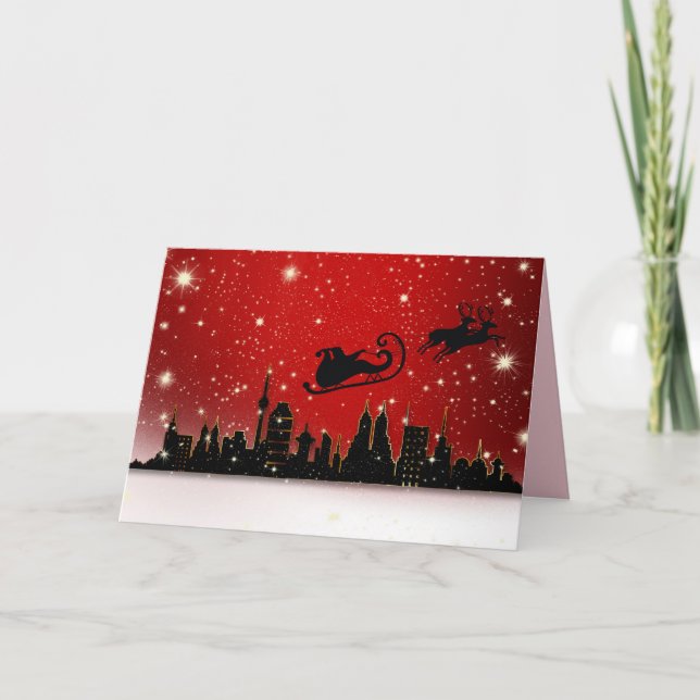 Tomte över stad julkort kort (Framsida)
