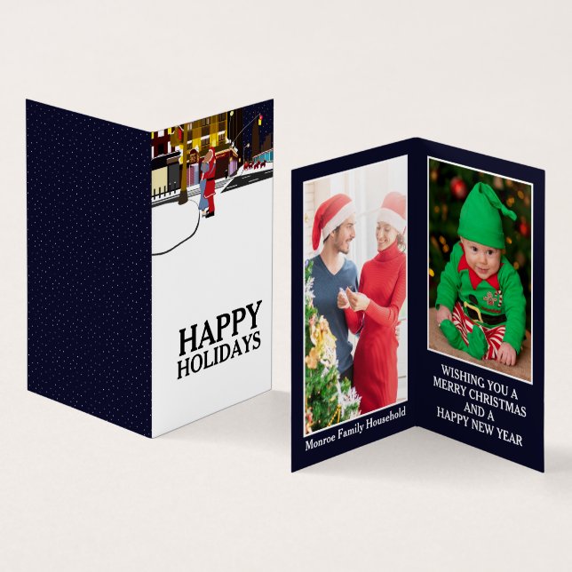 Tomte på Broadway, familjefoto julkort Visitkort (In- och utsida)