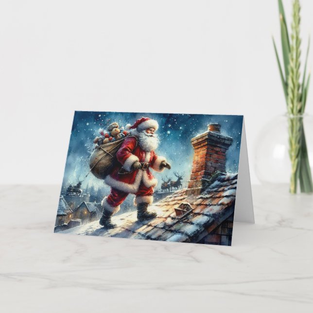 Tomte på ett snötäckt tak,  kort (Framsida)