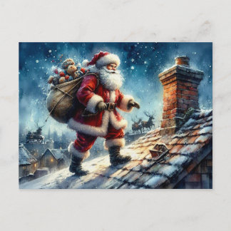 Tomte på ett snötäckt tak, vykort