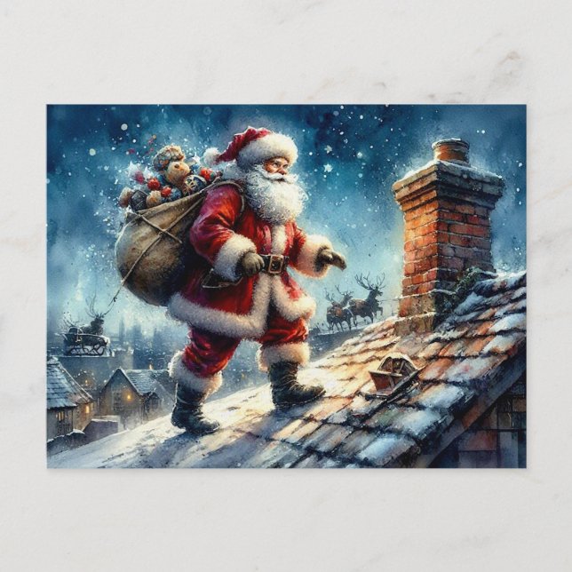 Tomte på ett snötäckt tak,  vykort (Framsida)