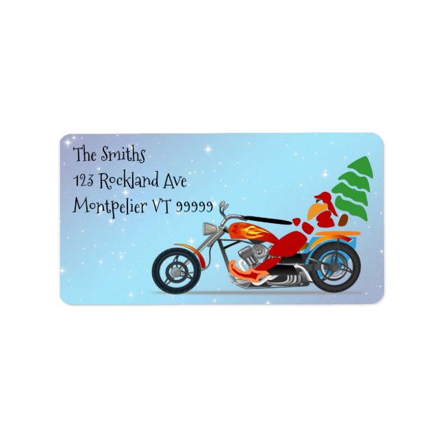 Tomte på motorcykel med julgran setikett adressetikett (Framsidan)