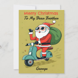 Tomte på scooter med solglasögon och julpresenter julkort
