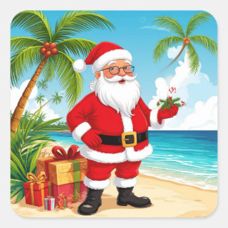 Tomte på solig strand med julklappar fyrkantigt klistermärke