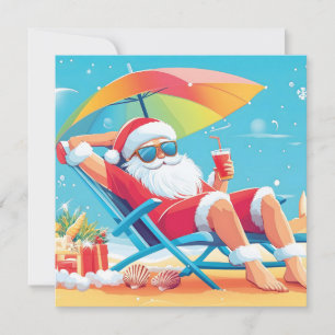 Tomte på solsäng på en tropisk strand julkort