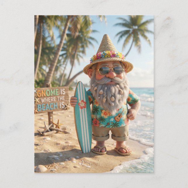 Tomte på tropisk strand med surfbräda vykort (Framsida)