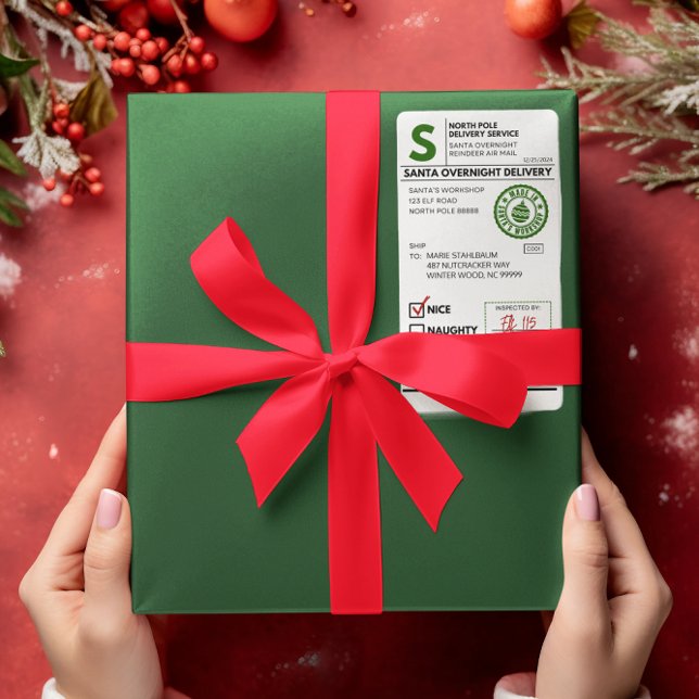 Tomte Realistisk Fraktetikett Fraktsedel (Realistic Looking Santa Shipping Label on Present)