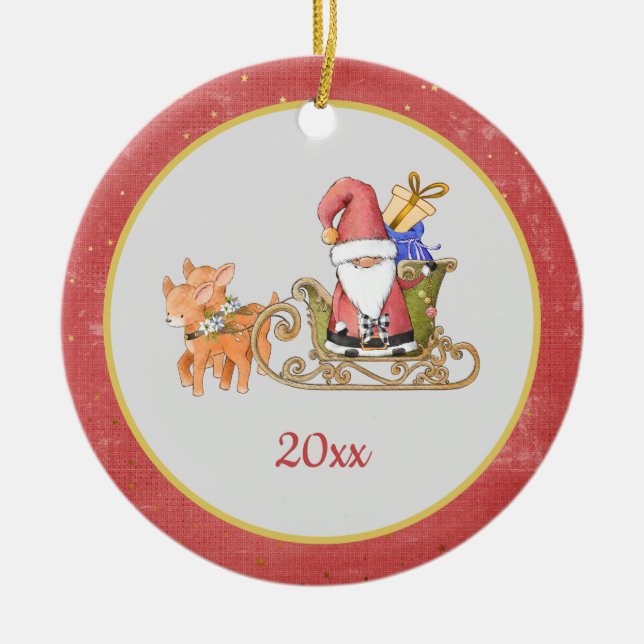 Tomte Ren Sled År Namn Julgransprydnad Keramik (Framsidan)
