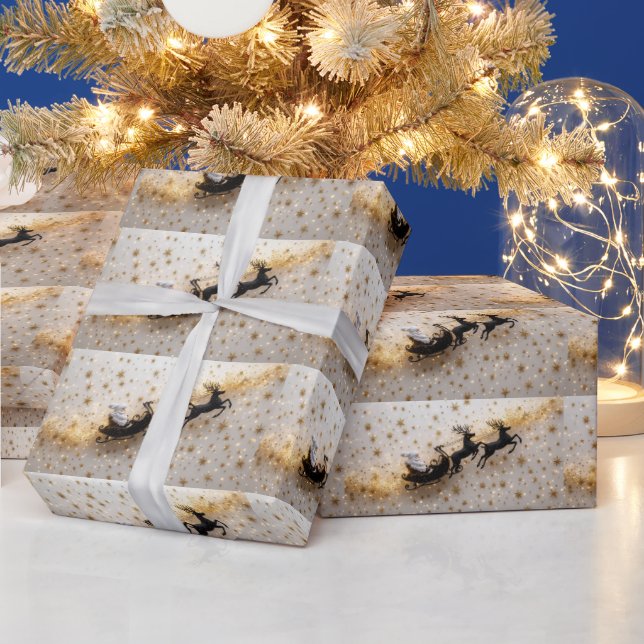 Tomte Ren Sleigh Guld Stjärnor Jul Presentpapper (Helgdagar)