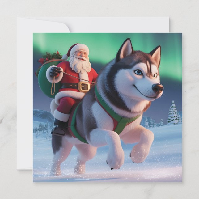 Tomte ridande på en jättestor husky genom snö julkort (Framsida)
