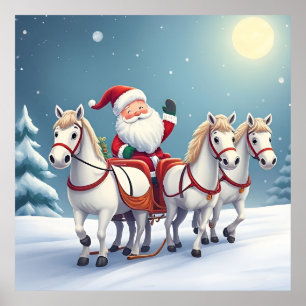 Tomte ridande på en släde ledd av vita hästar poster