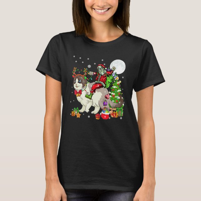 Tomte ridande ren katt julgran   t shirt (Framsida)