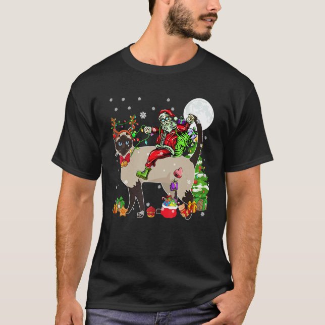 Tomte Ridande Ren Siamese Katt Julgran   T Shirt (Framsida)