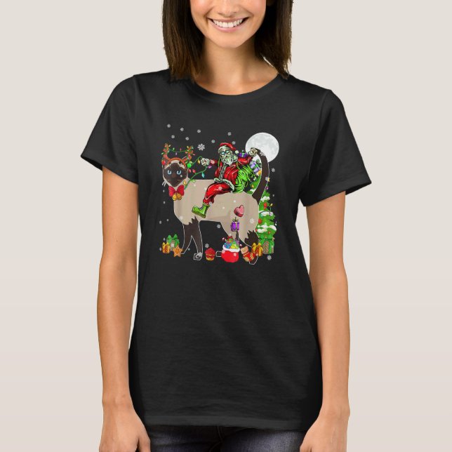 Tomte ridande siamesisk katt julgran för renar   t shirt (Framsida)