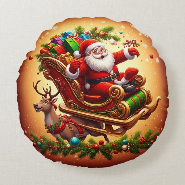 Tomte ridande släde med en ren rund kudde (Framsidan)