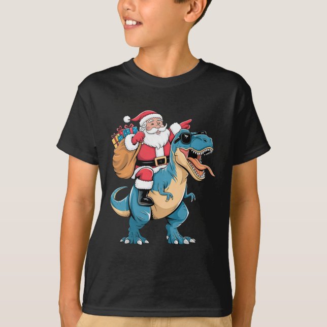 Tomte Ridning Dinosaurie T Rex Jul Pojkar Män Tjej Shirt (Framsida)