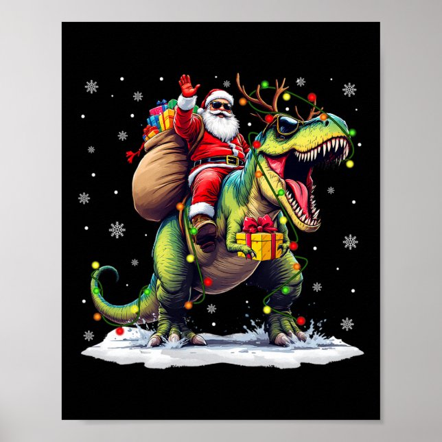 Tomte Ridning Dinosaurie T Rex Jul Pojkar Män Xma Poster (Framsidan)