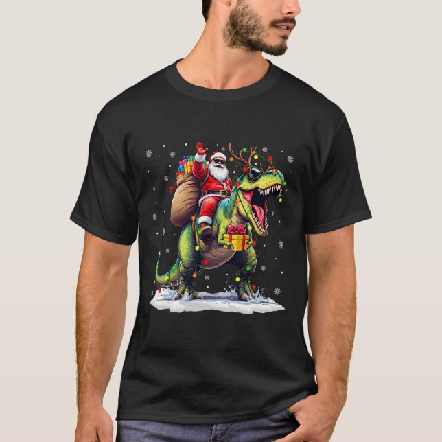 Tomte Ridning Dinosaurie T Rex Jul Pojkar Män Xma Shirt (Framsida)