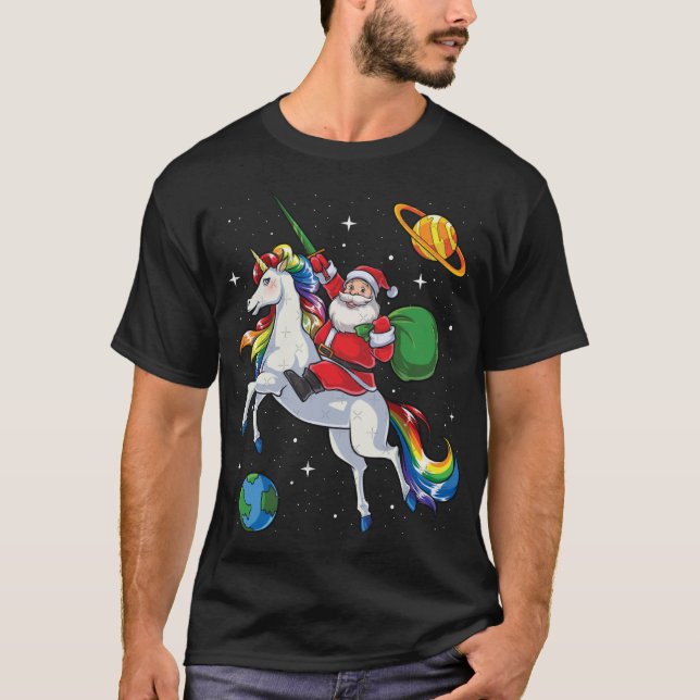 Tomte Ridning Enhörning Jul Presenter Regnbåge Rym T Shirt (Framsida)