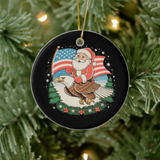 Tomte Ridning Örn USA Flagga Jul Xmas Högtid Julgransprydnad Keramik