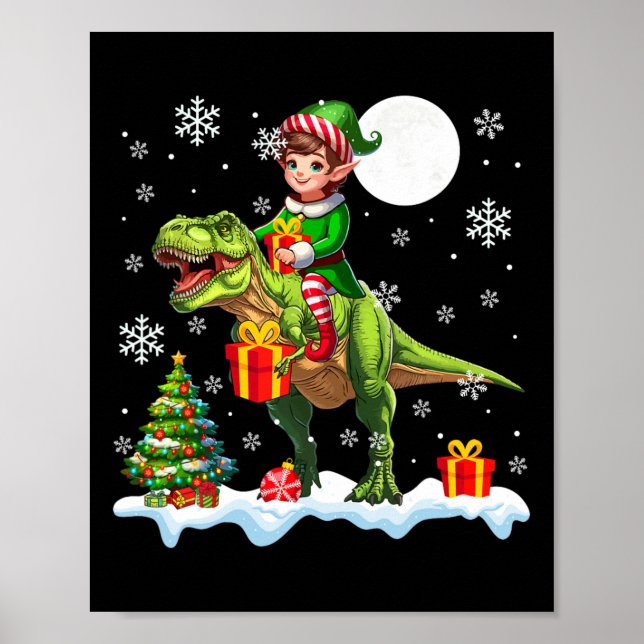 Tomte Ridning T-Rex Julgran Färgglada Ljus Lo Poster (Framsidan)