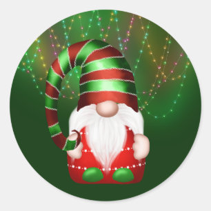 Tomte Röd Grön Randig Hatt Ljus Jul Runt Klistermärke