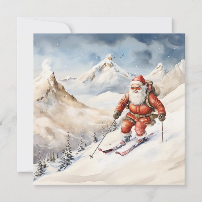 Tomte skidåkning gratulationskort julkort (Framsida)
