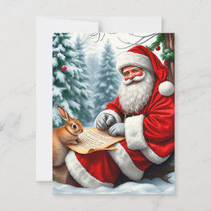 Tomte skriver ett brev i en snöig skog vykort