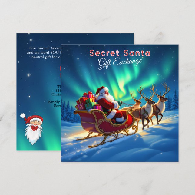 Tomte släde & Northern Lights Secret Santa-fest Inbjudningar (Fram/baksida)